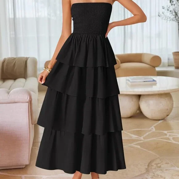 Women‘s Summer Boho Strapless Maxi Dress 2025 Casual Sleeveless Off Shoulder Smo